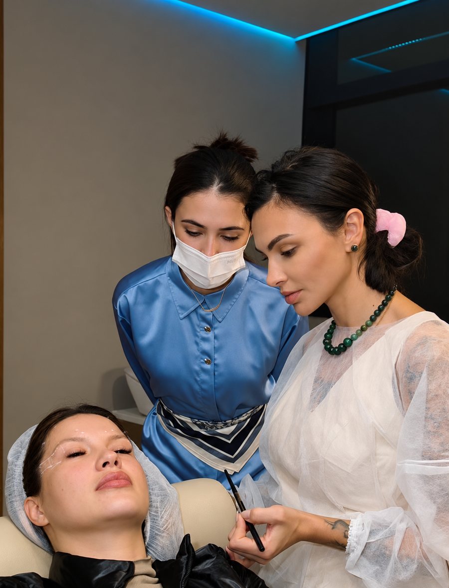 Dra. Cinthya marcando o rosto de uma paciente