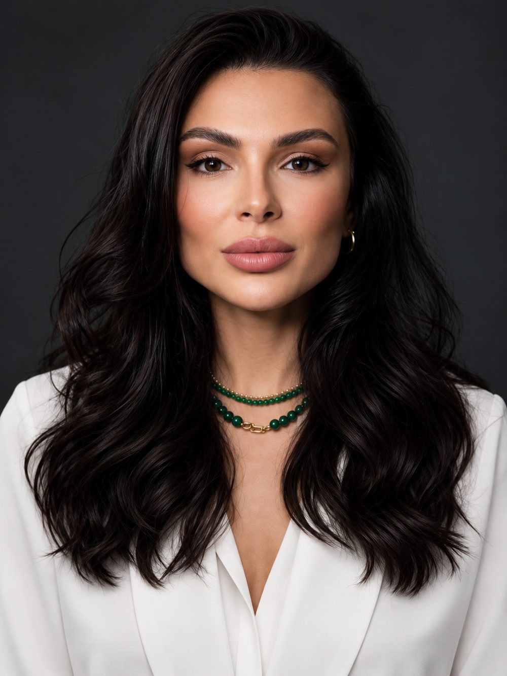 Dra. Cinthya Coltro de blazer branco e colar de pedras verdes